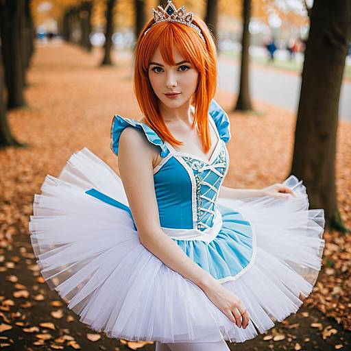 Woman Cosplaying as Ahiru Princess Tutu in Ballet Costume Outdoors