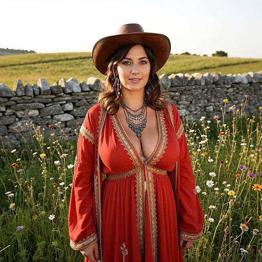 Woman in Red Bohemian Dress with Necklace and Hat in Countryside