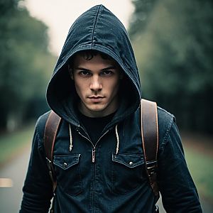 Focused Young Man in Dark Hooded Jacket Outdoors