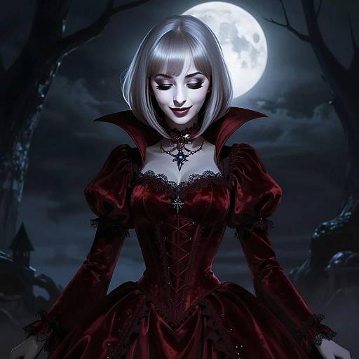 Gothic Woman in Red Velvet Vampire Dress Under Full Moon