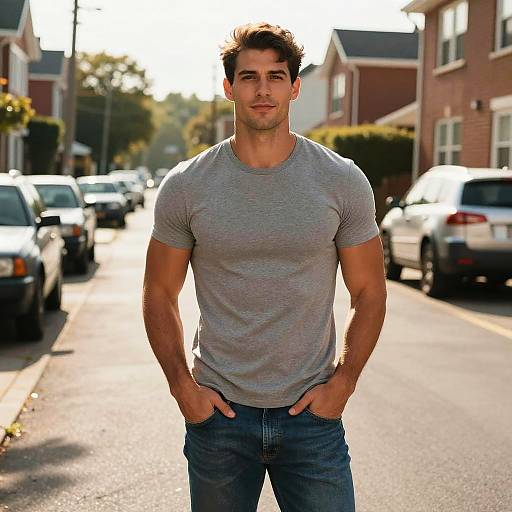 Confident Young Man Standing on Suburban Street in Casual Outfit