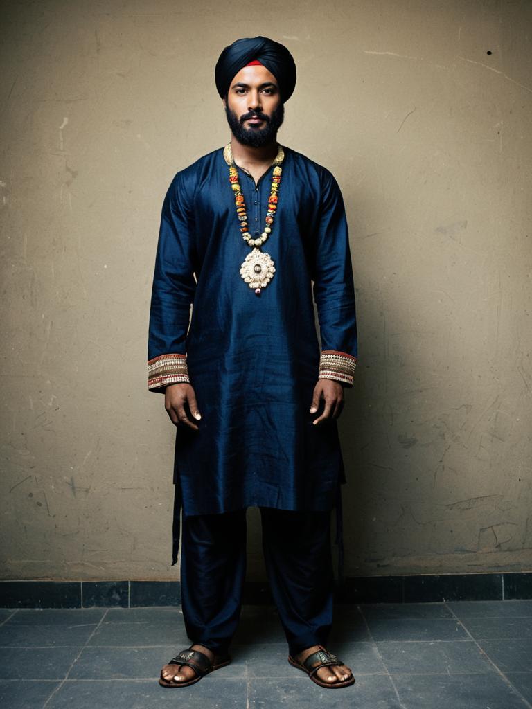 Man in Traditional Indian Kurta and Turban Costume with Ornamental Necklace