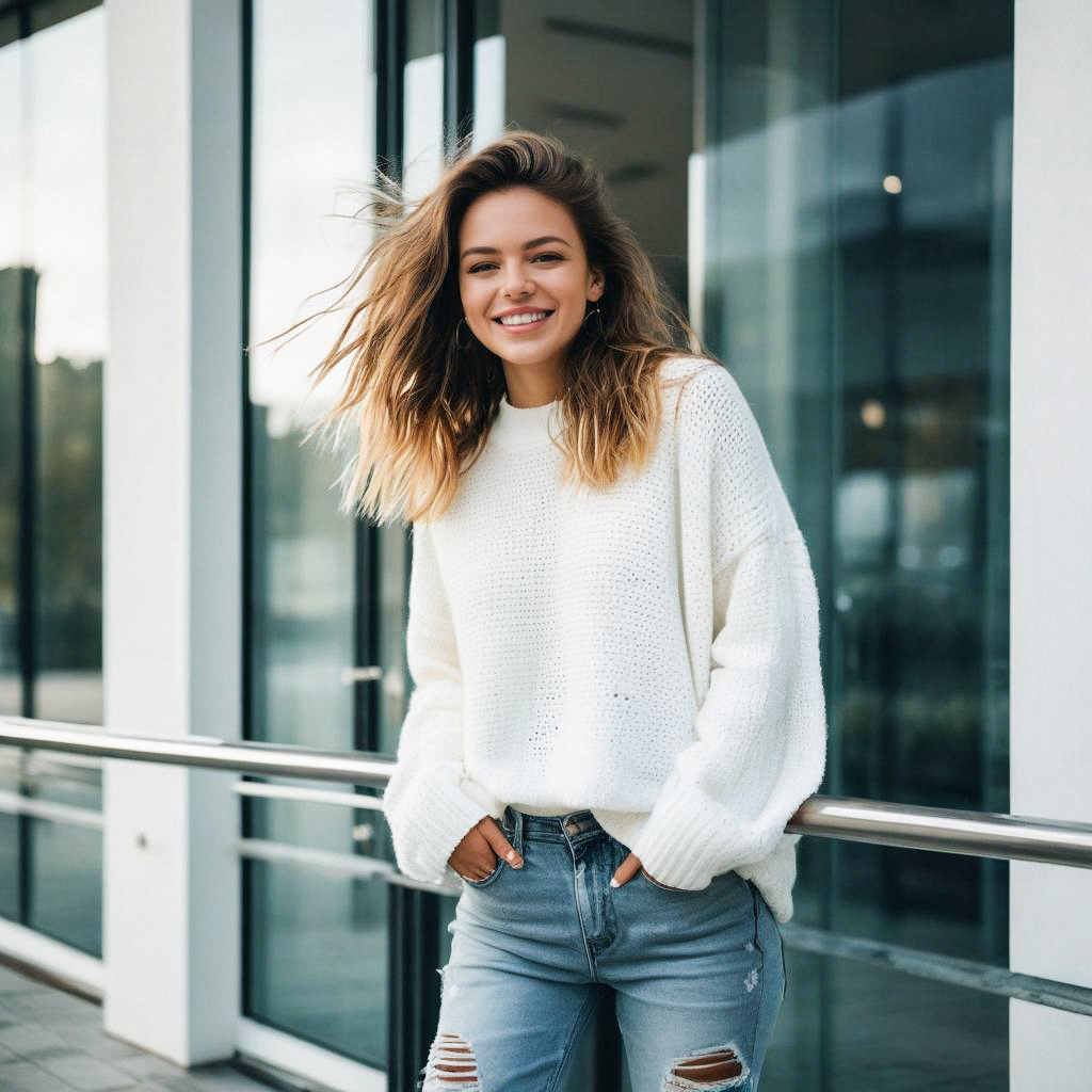 Confident Young Woman in Sweater and Jeans