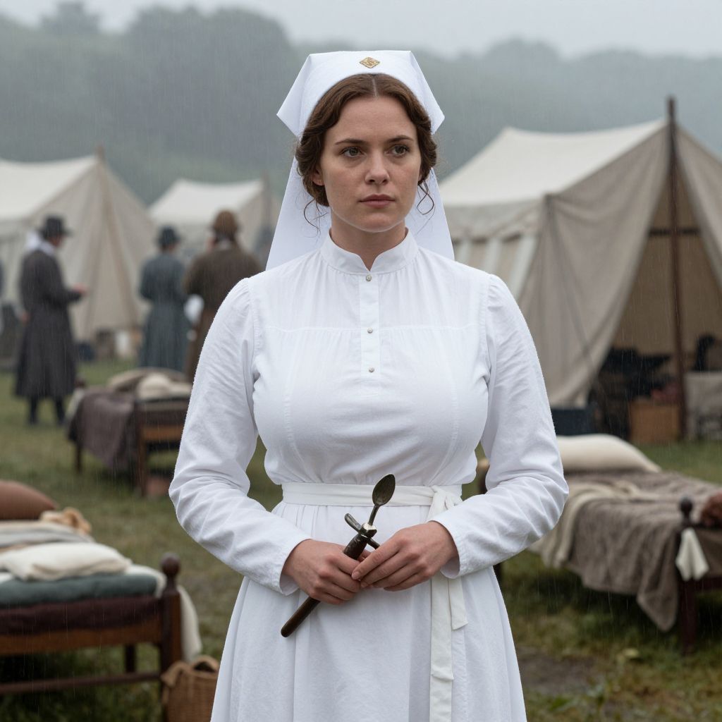 Historical Female Nurse in Vintage Field Hospital Uniform