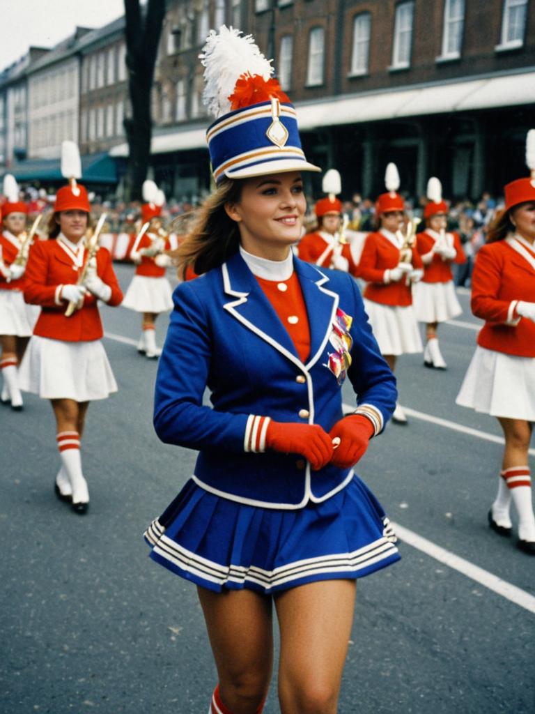 Woman in Blue Majorette Uniform Leading Parade March