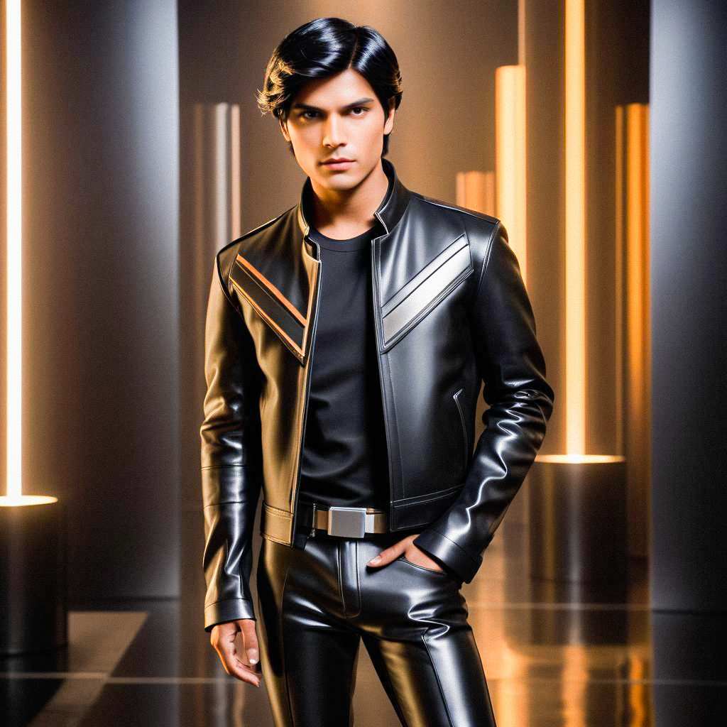 Confident Young Man in Futuristic Black Leather Outfit