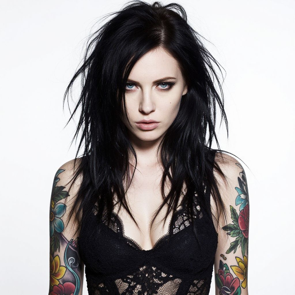 Edgy Woman with Black Hair and Colorful Floral Tattoos in Lace Top