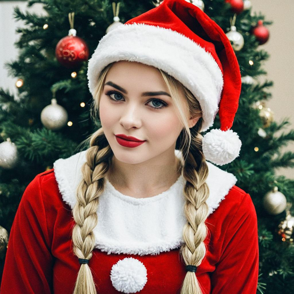 Woman in Santa Hat by Christmas Tree Woman in Santa Hat by Christmas Tree