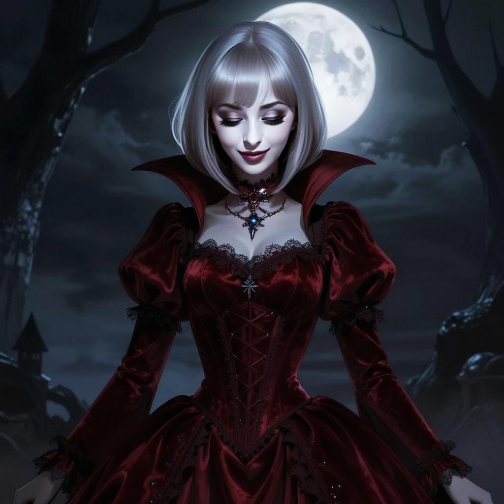 Gothic Woman in Red Velvet Vampire Dress Under Full Moon