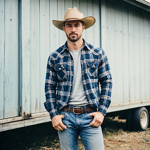 Man in Cowboy Hat and Plaid Shirt Standing Outdoors by Rustic Building
