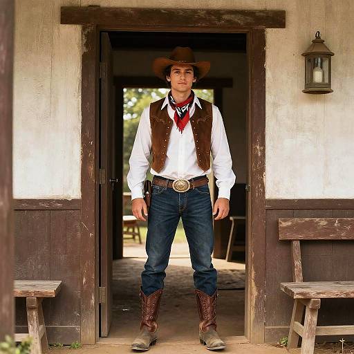 Man in Pioneer Cowboy Costume Standing in Rustic Doorway
