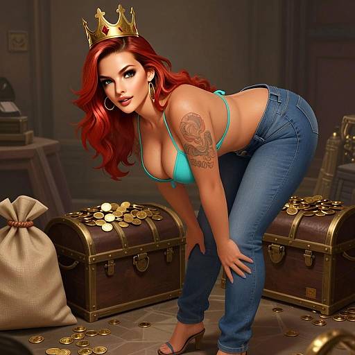 Confident Red-Haired Woman with Crown Amid Gold Treasure Chests