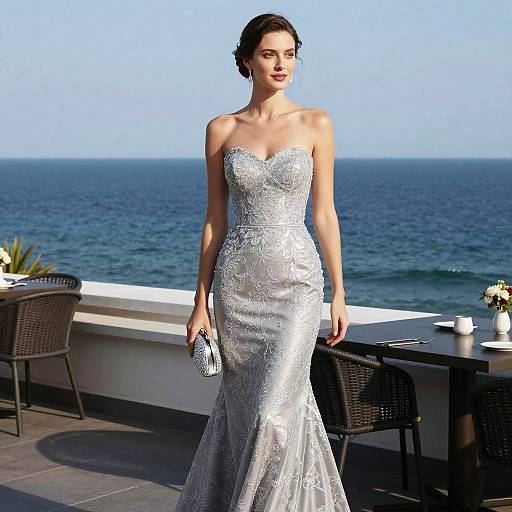 Athletic Woman in Classic Elegance Wearing Shimmering Silver Embroidered Evening Gown by the Sea