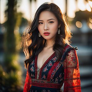 Young Woman in Embroidered Dress at Sunset