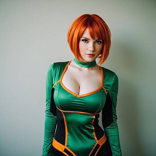 Portrait of Woman in Green and Orange Futuristic Cosplay Outfit