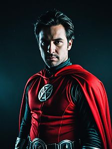 Confident Man in Red and Black Cosplay Costume
