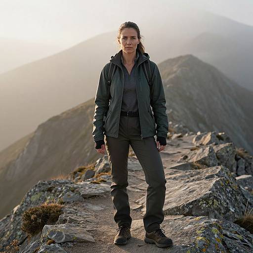 Woman Hiking on Rocky Mountain Trail at Misty Sunrise