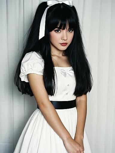 Young Woman in Classic White Dress with Long Black Hair and Ribbons