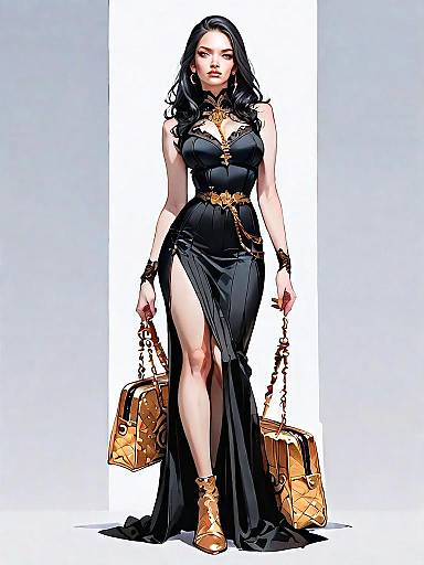 Elegant Woman in Black Evening Gown with Gold Details and Handbags - Comic Style Illustration