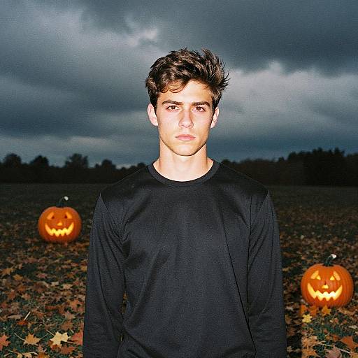 Young Man Standing in Field with Glowing Jack-o-Lanterns Under Stormy Sky