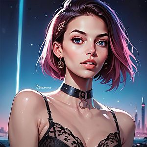 Young Woman with Pink Hair in Futuristic Cityscape