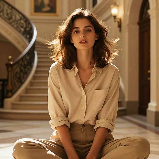 Stylish Gen Z Woman in Neutral Tones Sitting Indoors with Elegant Staircase