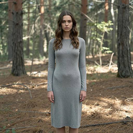 Woman in Grey Dress Standing Alone in Forest