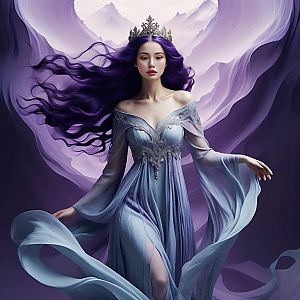 Elegant Woman with Purple Hair in Blue Gown