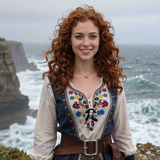 Smiling Red-Haired Woman in Embroidered Blouse on Rocky Coastline