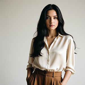 Confident Woman in Cream Blouse and Brown Trousers Minimalist Portrait