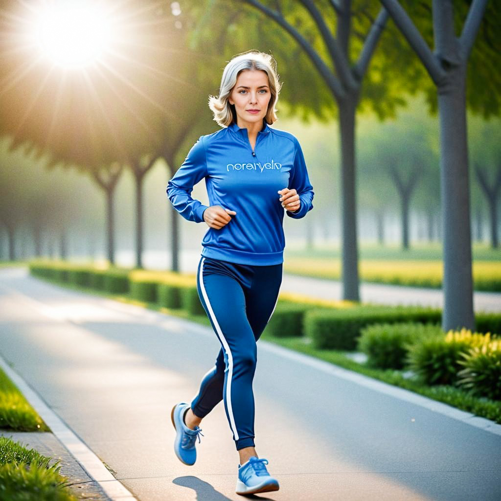 Fit Woman Jogging in Blue Outfit Amidst Lush Greenery