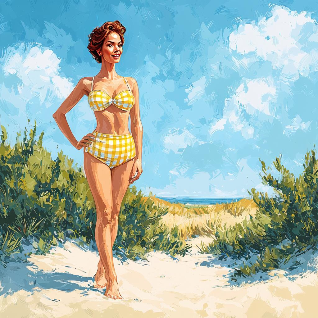 Woman in Retro Checkered Bikini on Sandy Beach Path Digital Painting