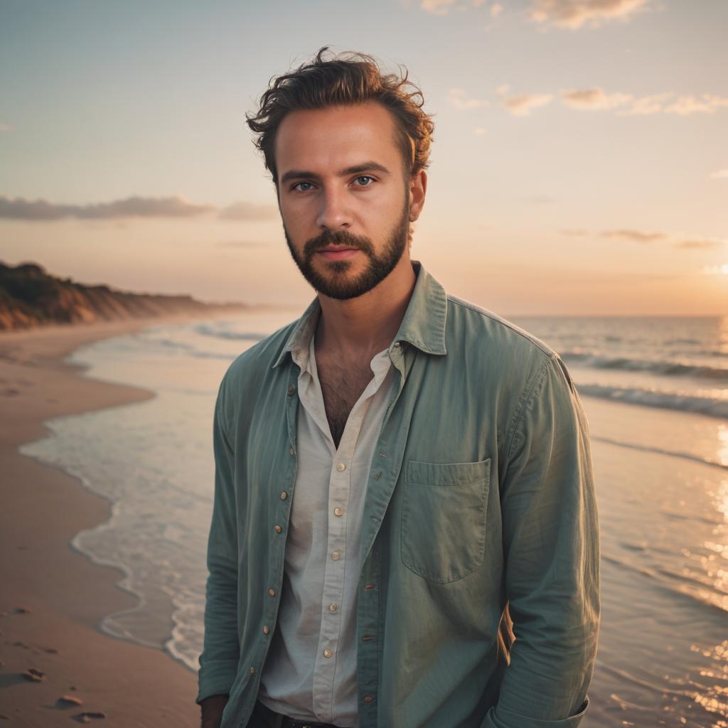 Contemplative man at sunset beach