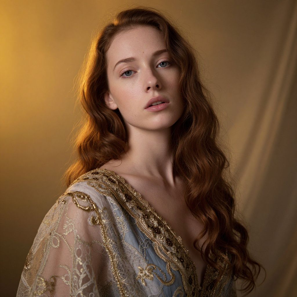 Portrait of Young Woman in Embroidered Vintage Sheer Garment with Auburn Hair