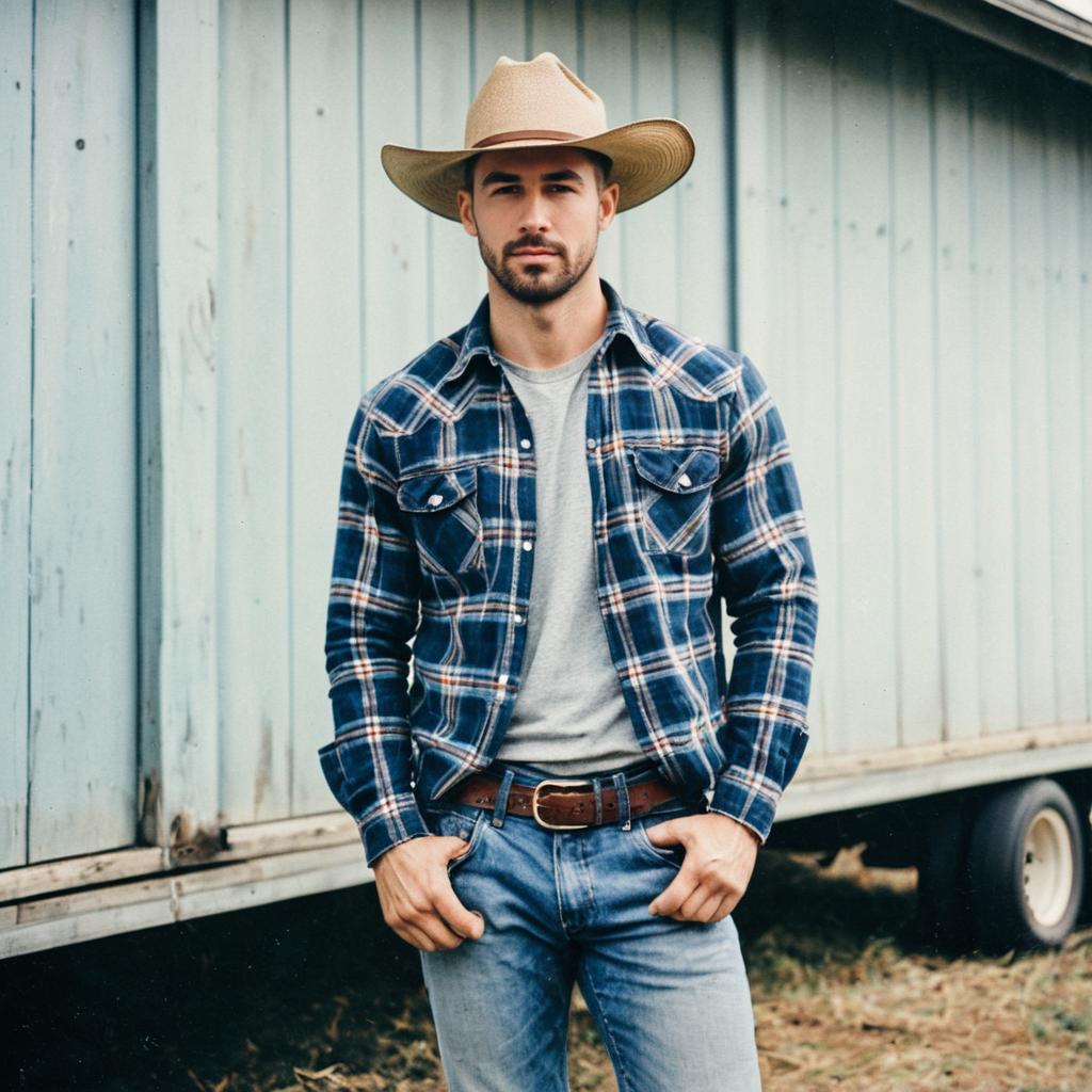 Man in Cowboy Hat and Plaid Shirt Standing Outdoors by Rustic Building