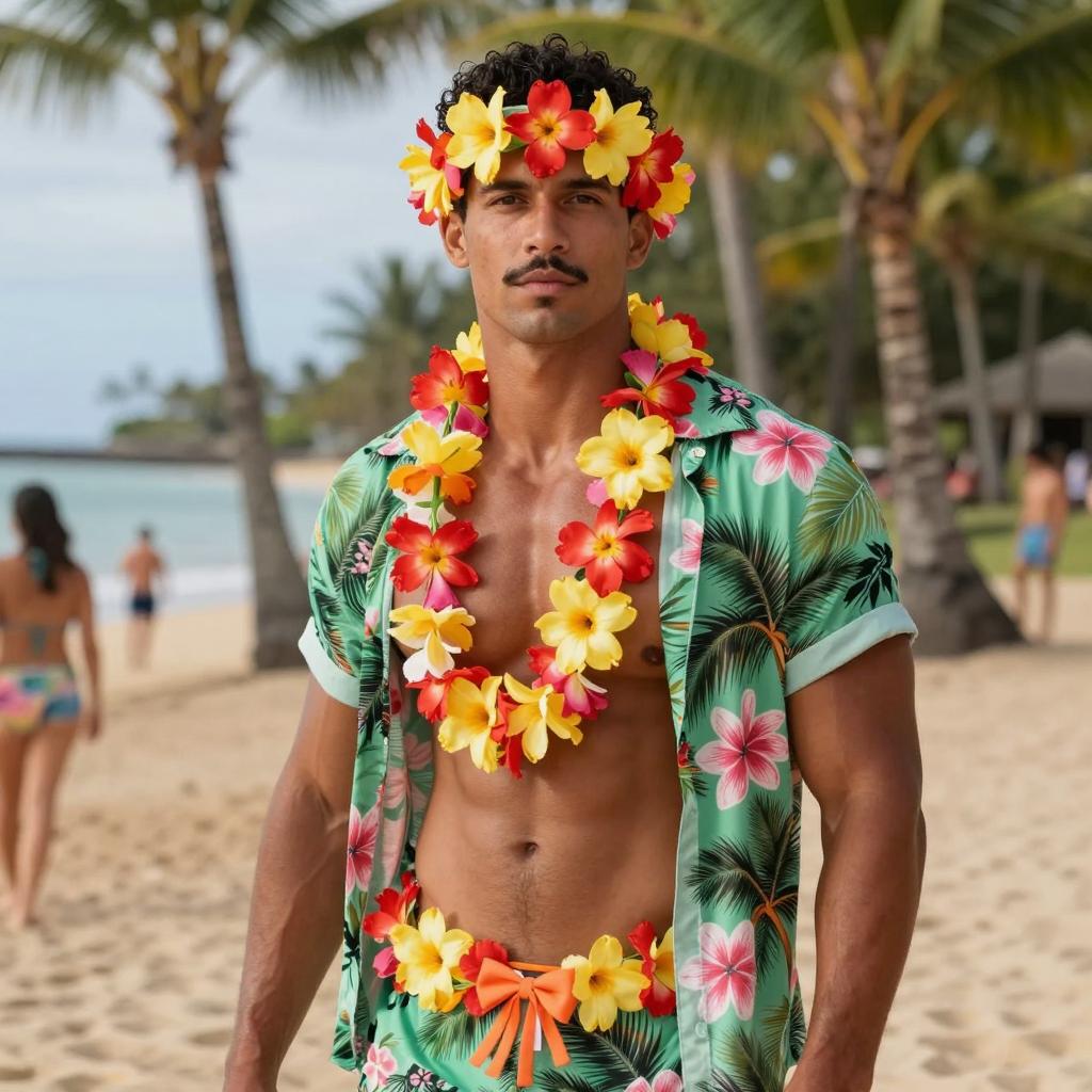 Man in Tropical Hawaiian Shirt and Floral Lei on Beach
