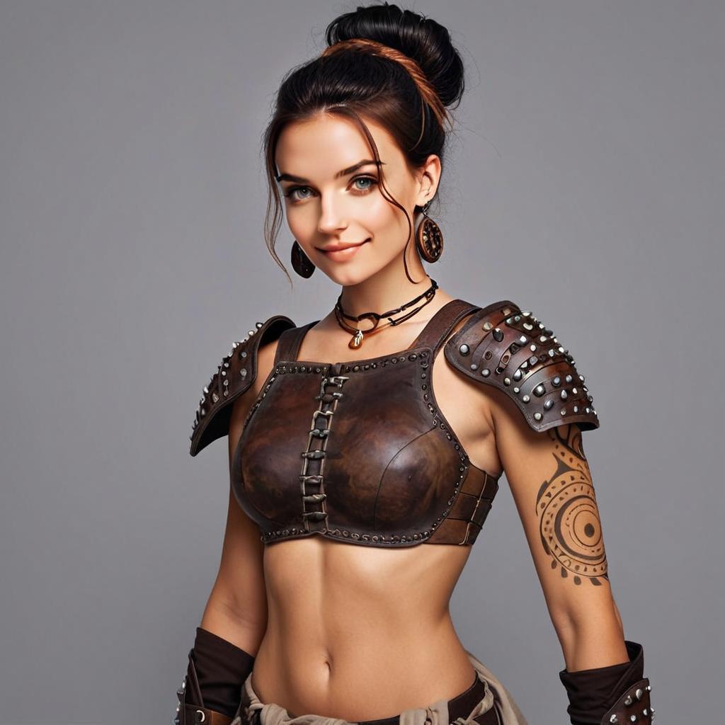 Confident Woman in Dark Leather Armor with Tribal Accessories