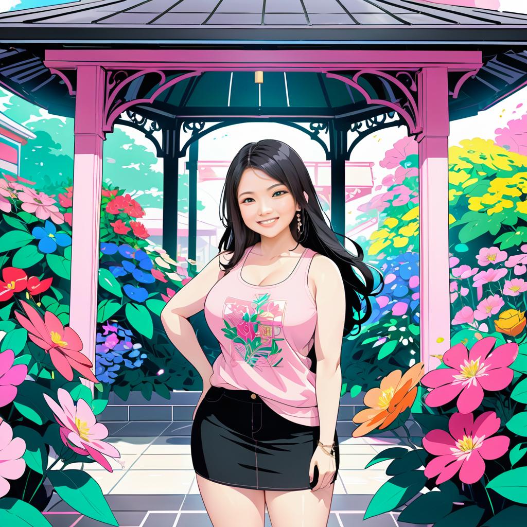 Anime Woman in Colorful Garden Pavilion