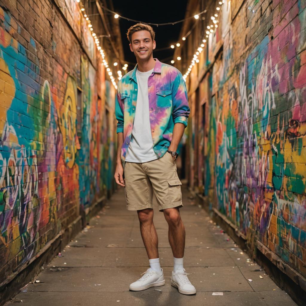 Confident man in streetwear with vibrant graffiti art