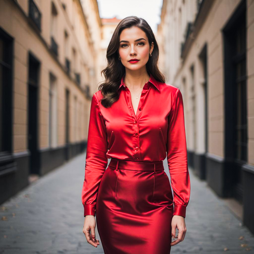 Confident Woman in Red Satin Outfit in Urban Alleyway