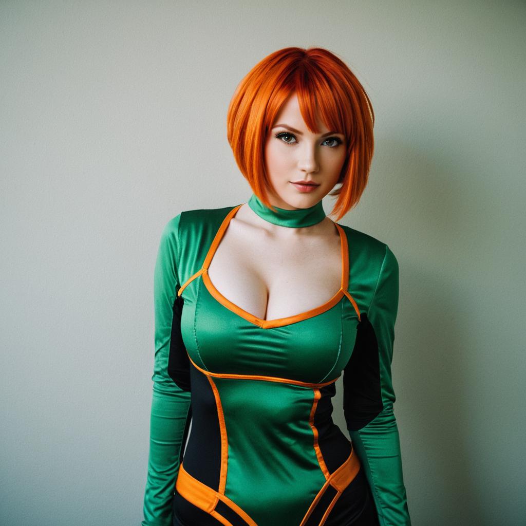 Portrait of Woman in Green and Orange Futuristic Cosplay Outfit