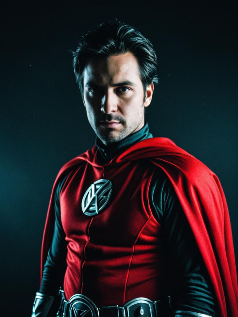 Confident Man in Red and Black Cosplay Costume