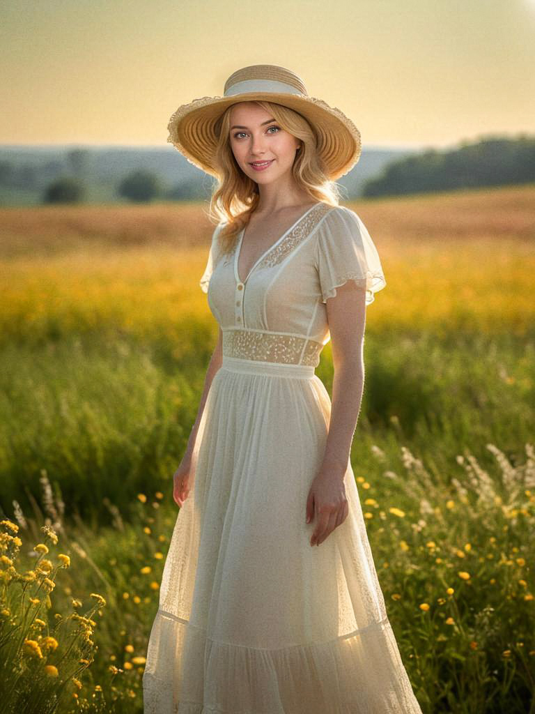 Young Woman in Meadow with Straw Hat