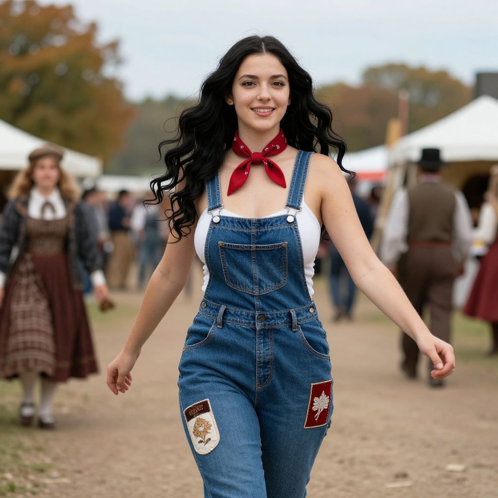 Young Woman in Denim Overalls and Red Neckerchief at Outdoor Vintage Festival