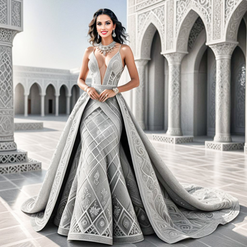 Elegant Woman in Grey Gown with Architectural Backdrop