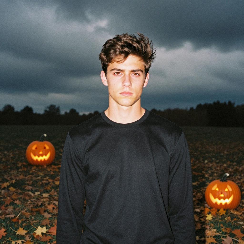 Young Man Standing in Field with Glowing Jack-o-Lanterns Under Stormy Sky