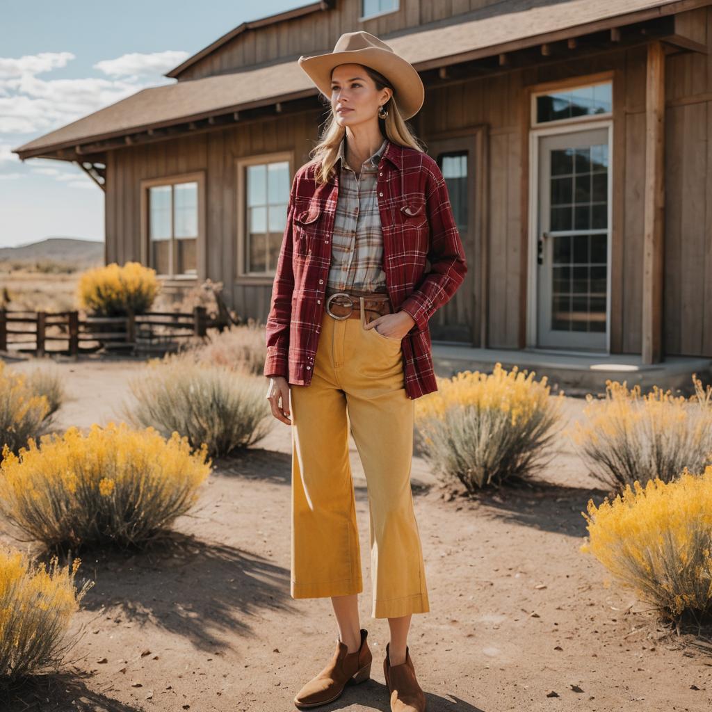 Woman Wearing Western Style Outfit by Rustic Building in Desert