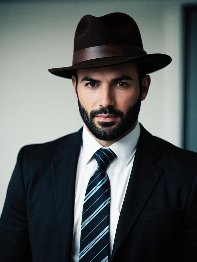 Man Wearing Noir Movie Style Costume with Fedora Hat and Striped Necktie