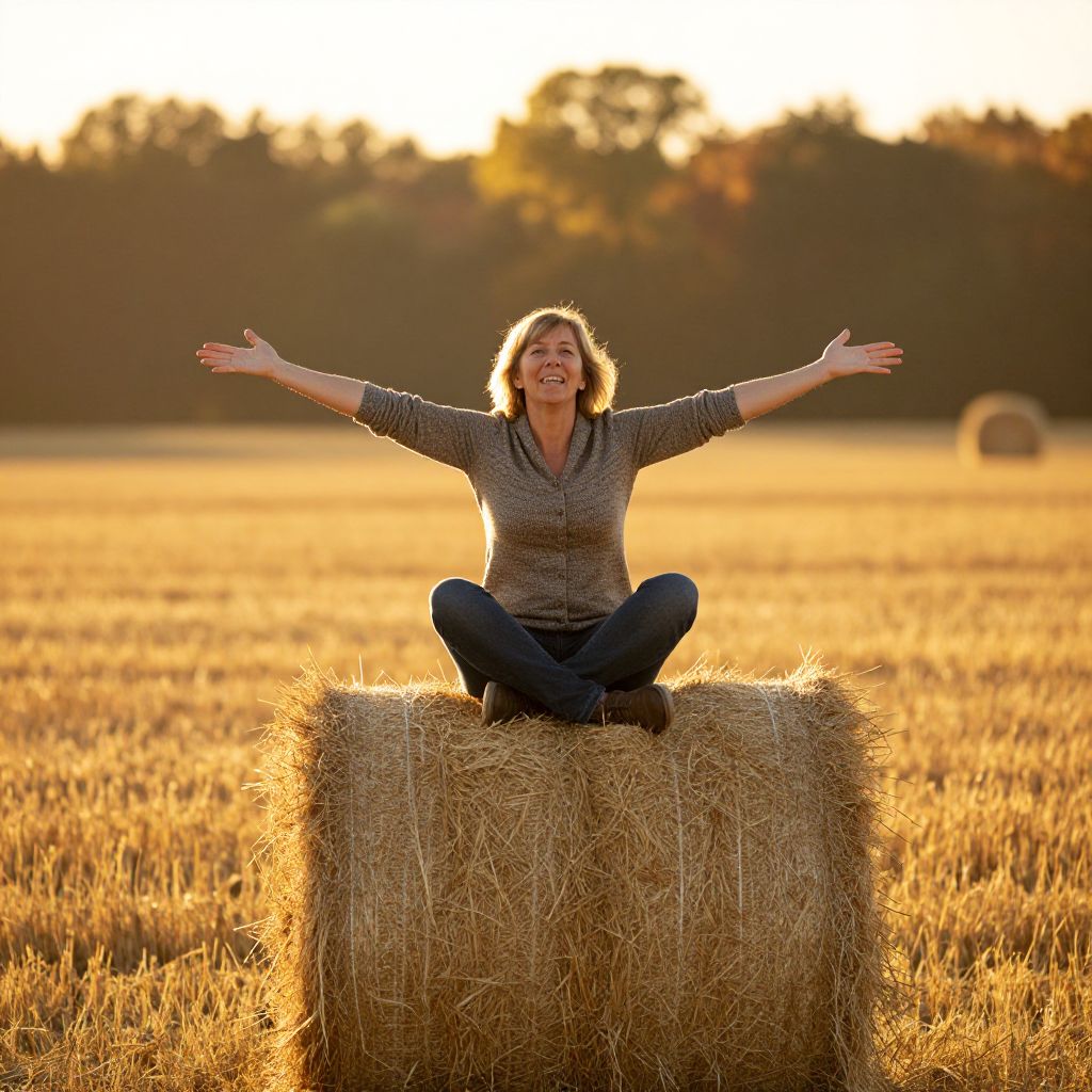Happy Woman Sitting on Hay Bale in Golden Field at Sunset