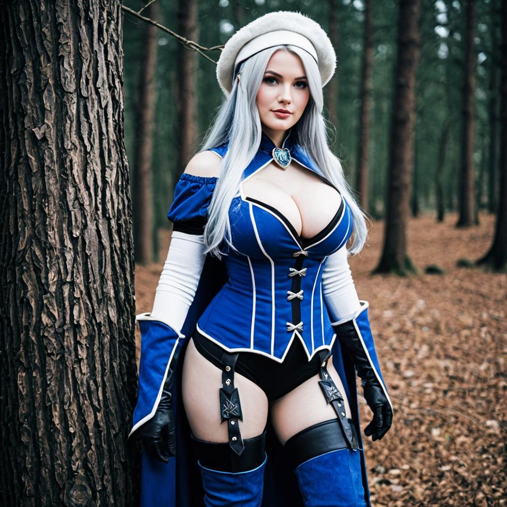 Woman in Blue Fantasy Cosplay Outfit with Silver Hair in Forest